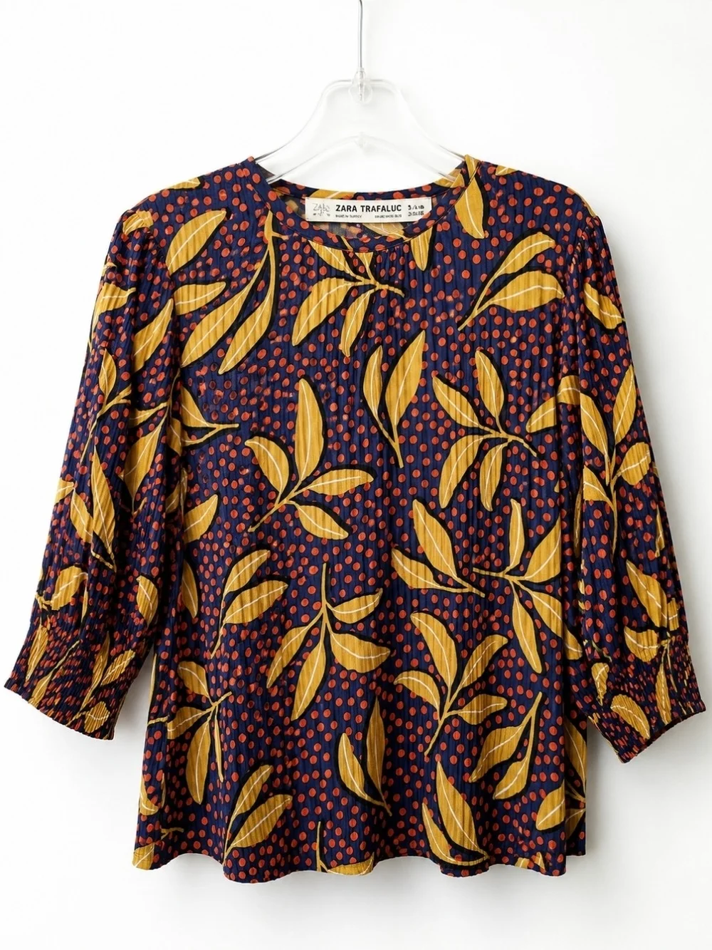 Zara Trafaluc Small Floral Polka Dot Blouse Navy Mustard Boho